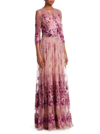 David Meister Floral Embroidered Gown W/ Beaded Waist In Pink