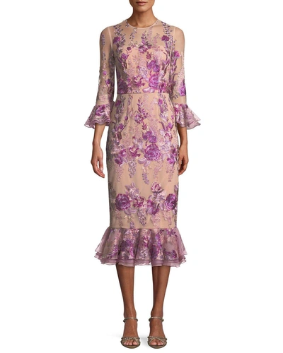David Meister Floral Embroidered Trumpet-sleeve Dress W/ Flounce Hem In Pink