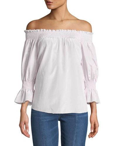 7 For All Mankind Smocked Silk/cotton Off-the-shoulder Top In Lavender