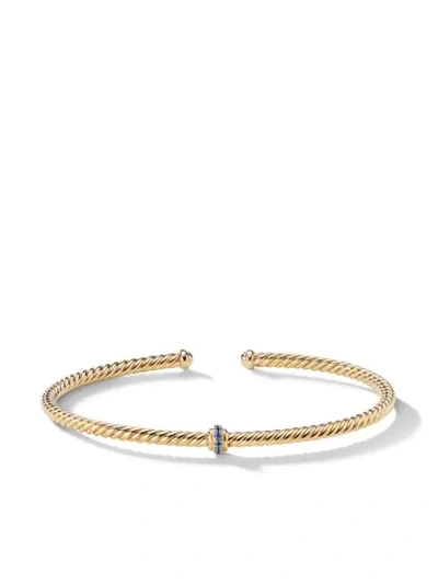 David Yurman Cablespira 18k Gold Flex Bracelet With Sapphire Center Station In Gold/ Light Blue Sapphire