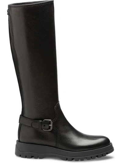 Prada Leather Knee-high Riding Boot In Black