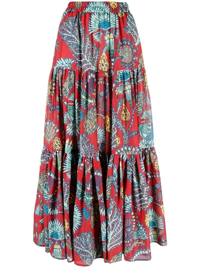 La Doublej Big Floral-print Tiered Skirt In Red