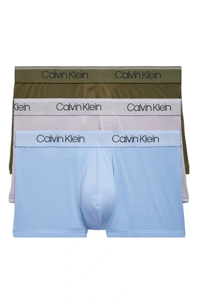 Calvin Klein Microfiber Stretch Wicking Low Rise Trunks, Pack Of 3 In Dark Olive/dapple Gray/bel Air Blue