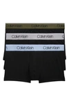 Calvin Klein Microfiber Stretch Wicking Low Rise Trunks, Pack Of 3 In Black W/ Dark Olive/dapple Grey/bel Air Blue Wbs