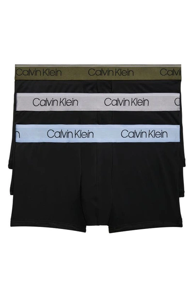 Calvin Klein Microfiber Stretch Wicking Low Rise Trunks, Pack Of 3 In Black W/ Dark Olive/dapple Grey/bel Air Blue Wbs