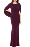 Betsy & Adam Drape Sleeves Trumpet Evening Gown In Wine