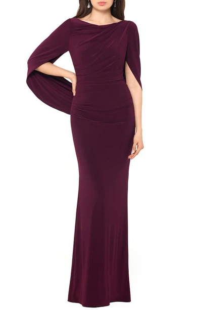 Betsy & Adam Drape Sleeves Trumpet Evening Gown In Wine