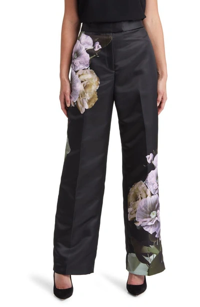 Ted Baker Nayaat Floral High Waist Wide Leg Trousers In Black
