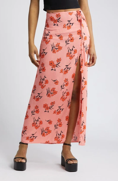 Topshop Ruched Cherry Blossom Side Slit Skirt In Pink