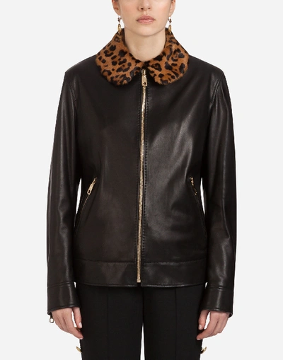 Dolce & Gabbana Leopard Print Collar Leather Jacket In Black