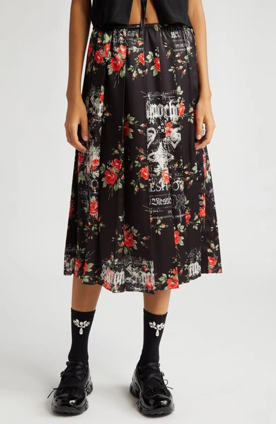 Simone Rocha Logo Floral Print Pleated Skirt In Black Rose