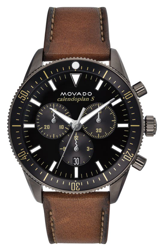 Movado Men's Diver Chronograph Watch With Leather Strap & Blue Dial In Cognac/ Black/ Grey