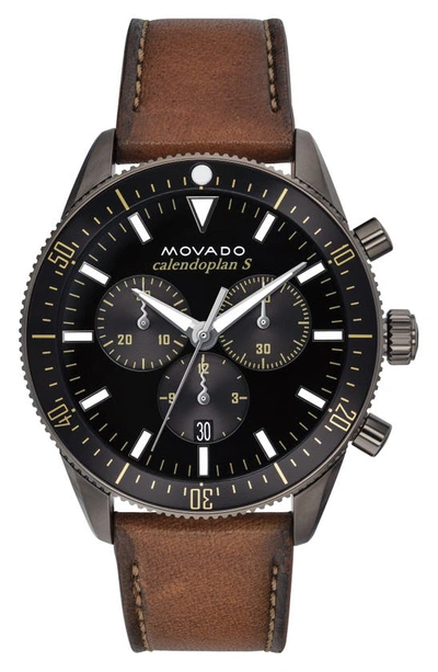 Movado Men's Diver Chronograph Watch With Leather Strap Blue Dial In Navy/black