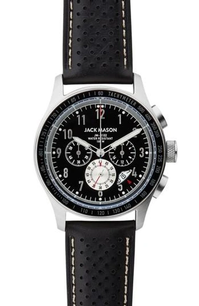 Jack Mason Racing Chronograph Leather Strap Watch, 42mm In Black/ Black