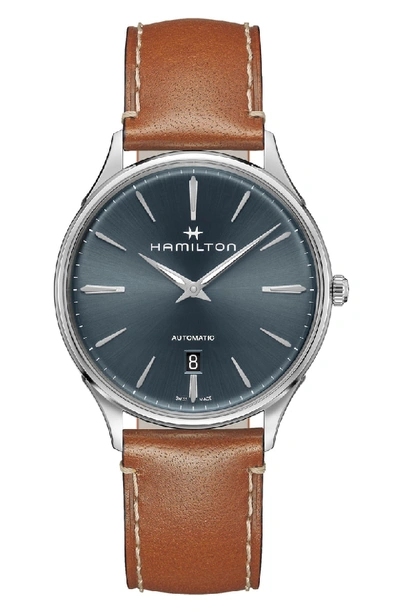 Hamilton Jazzmaster Thinline Automatic Leather Strap Watch, 40mm In Brown/ Blue/ Silver