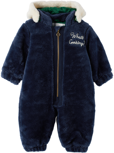 Mini Rodini Babies' Slogan-embroidered Faux-fur Overall In Navy