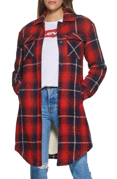 Levi's® Plaid Faux Shearling Lined Long Shirt Jacket In Red Navy Shadow Plaid