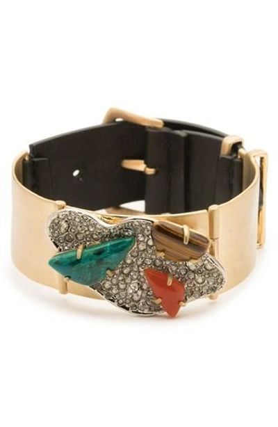 Alexis Bittar Crystal Encrusted Leather Strap Bracelet In Gold/ Silver
