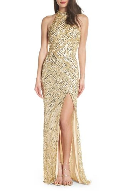 Mac Duggal Beaded A-line Halter Gown In Gold