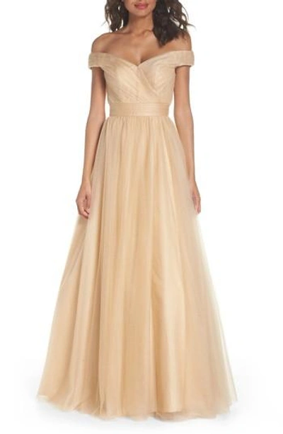 Mac Duggal Off The Shoulder Tulle Ballgown In Champagne