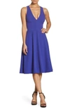 Dress The Population Catalina Tea Length Fit & Flare Dress In Blue/ Violet