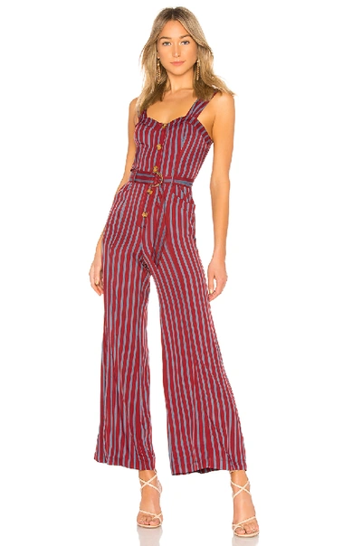 Free People City Girl Striped Jumpsuit In Burgundy