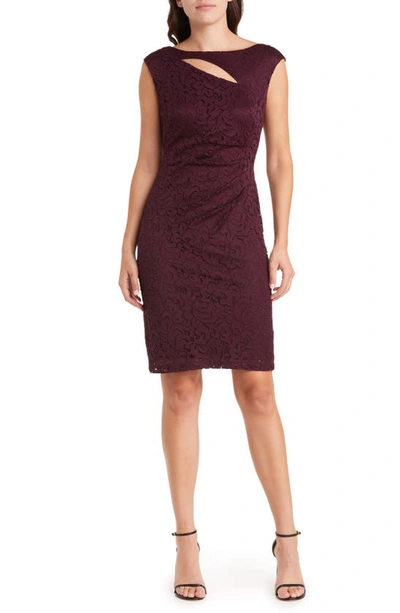 Connected Apparel Cutout Cap Sleeve Lace Overlay Dress In Bordeaux 1