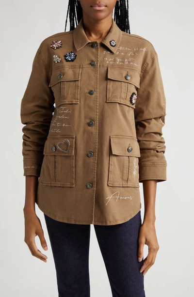 Cinq À Sept Love Letter Vera Embellished Stretch Cotton Safari Jacket In Oliver/silver
