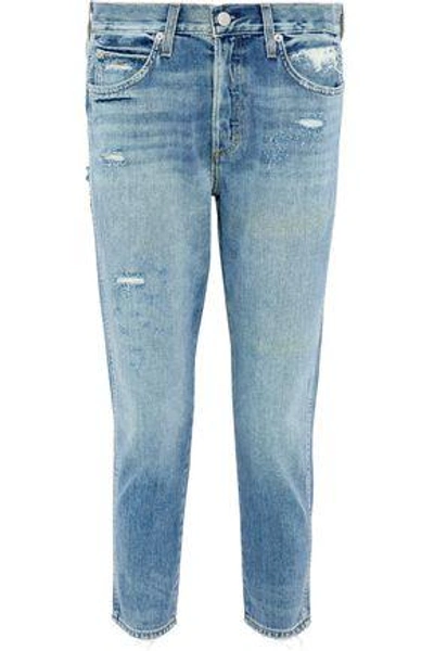 Amo Distressed High-rise Slim-leg Jeans In Light Denim