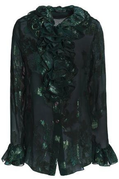 Anna Sui Woman Ruffle-trimmed Metallic Silk-blend Fil Coupé Shirt Forest Green