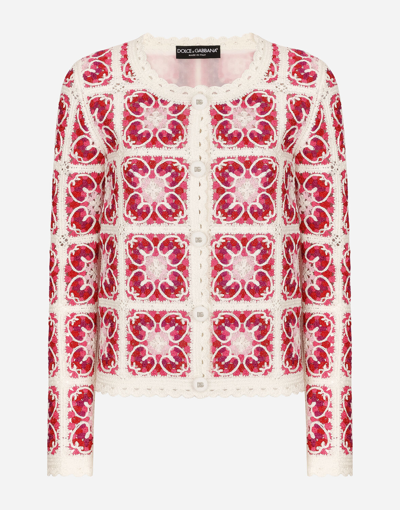 Dolce & Gabbana Brick-stitched Crochet Cardigan With Majolica Print In Multicolor