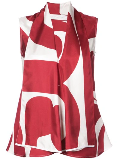 Victoria Beckham Ladies Bordeaux And Off White Abstract-print Draped Silk-twill Blouse In Bordeaux Off White