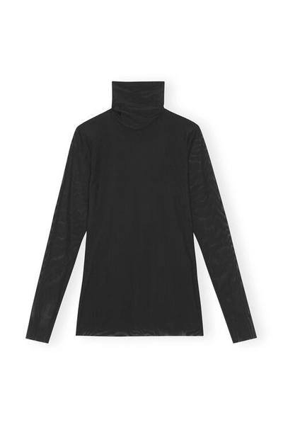 Ganni Long Sleeve Black Mesh Long Sleeve Roll Neck