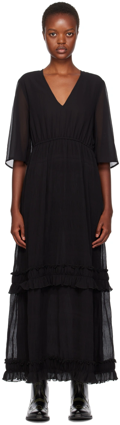Ganni Short Sleeve Black Pleated Georgette Maxi Dress