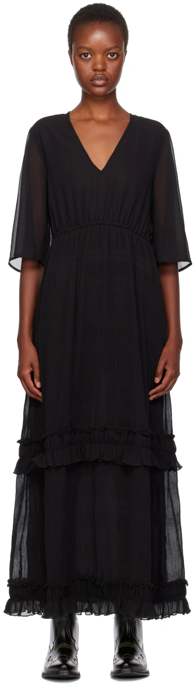 Ganni Black Short Sleeve Pleated Georgette Maxi Dress Size 14 Polyester Women's