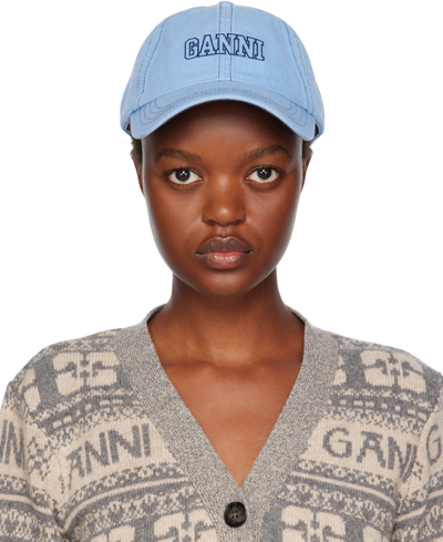 Ganni Blue Embroidered Logo Cap In Silver Lake Blue