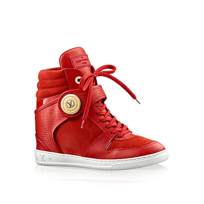 Louis Vuitton Red Monogram Suede Leather Wedge Sneakers Size 5.5
