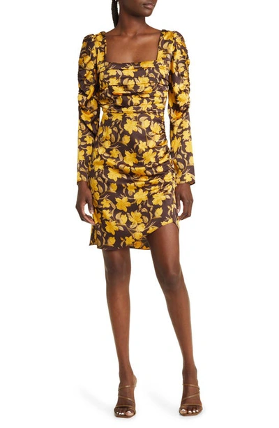 Floret Studios Floral Shirred Long Sleeve Minidress In Brown Yellow