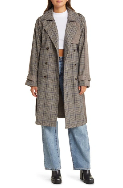 Steve Madden Shinely Plaid & Houndstooth Trench Coat In Brown Plaid Mix