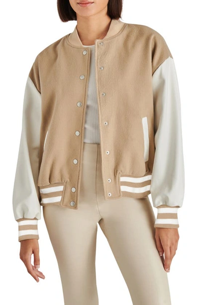 Steve Madden Alexander Faux Leather Sleeve Varsity Jacket In New Taupe