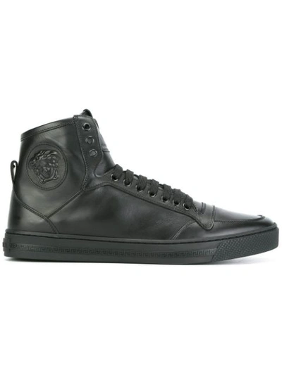 Versace Medusa Smooth Leather High Top Sneakers In Black