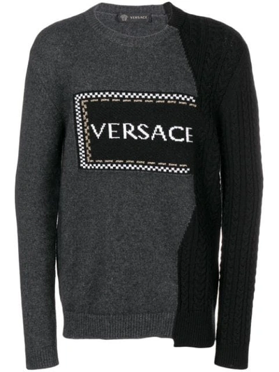 Versace Logo-intarsia Wool-blend Jumper In Dark Grey
