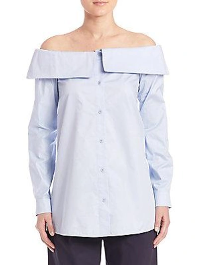 Tibi Satin Poplin Off-the-shoulder Shirt In Morning Blue