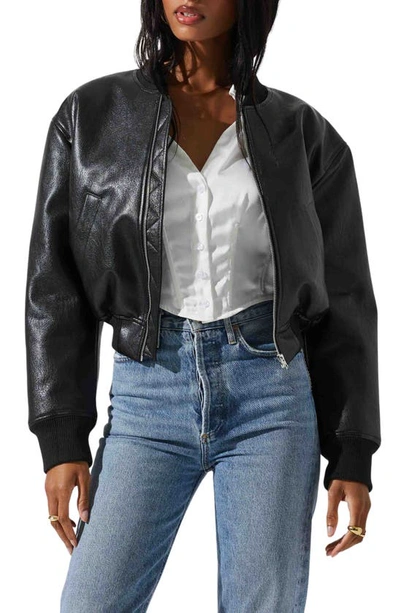 Astr Avianna Faux Leather Crop Bomber Jacket In Black