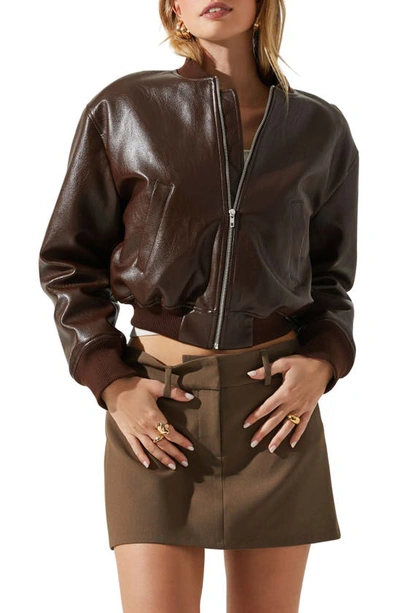 Astr Avianna Faux Leather Crop Bomber Jacket In Brown