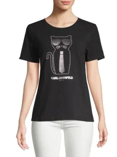 Karl Lagerfeld Faux Pearl Heatset Cat Short-sleeve Tee In Black Silver