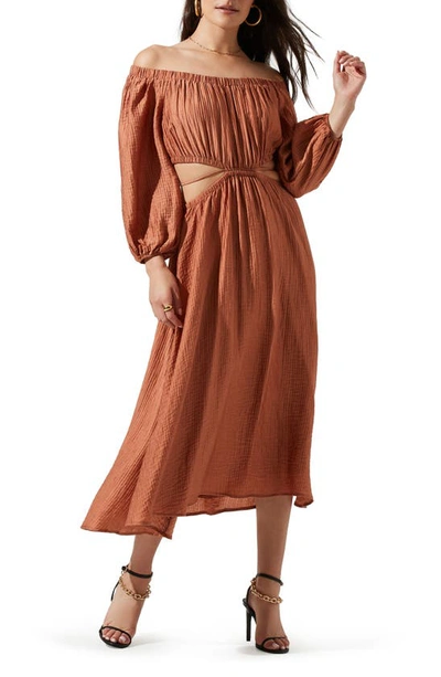 Astr Cassian Off The Shoulder Long Sleeve Midi Dress In Warm Brown