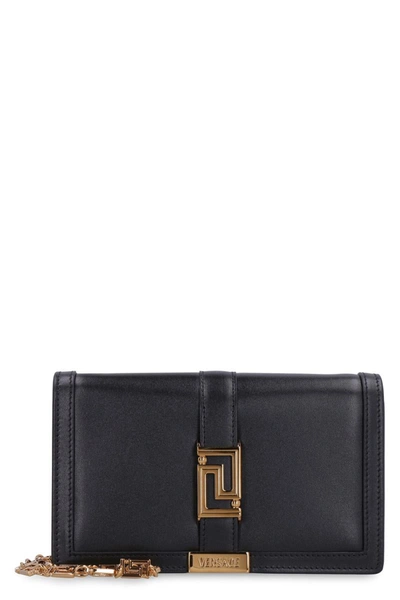 Versace Greca Goddess Leather Mini Crossbody Bag In Blue