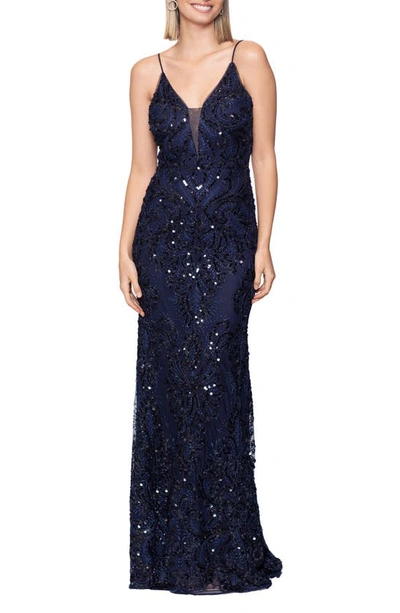 Betsy & Adam Illusion Sequin Coulmn Gown In Navy