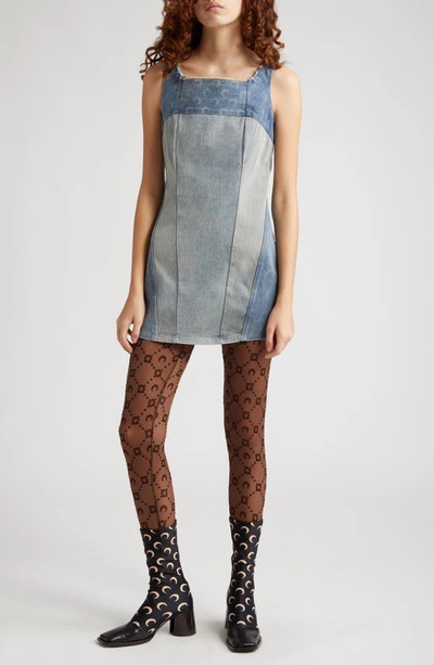 Marine Serre Moon Logo Patchwork Denim Minidress In Blue